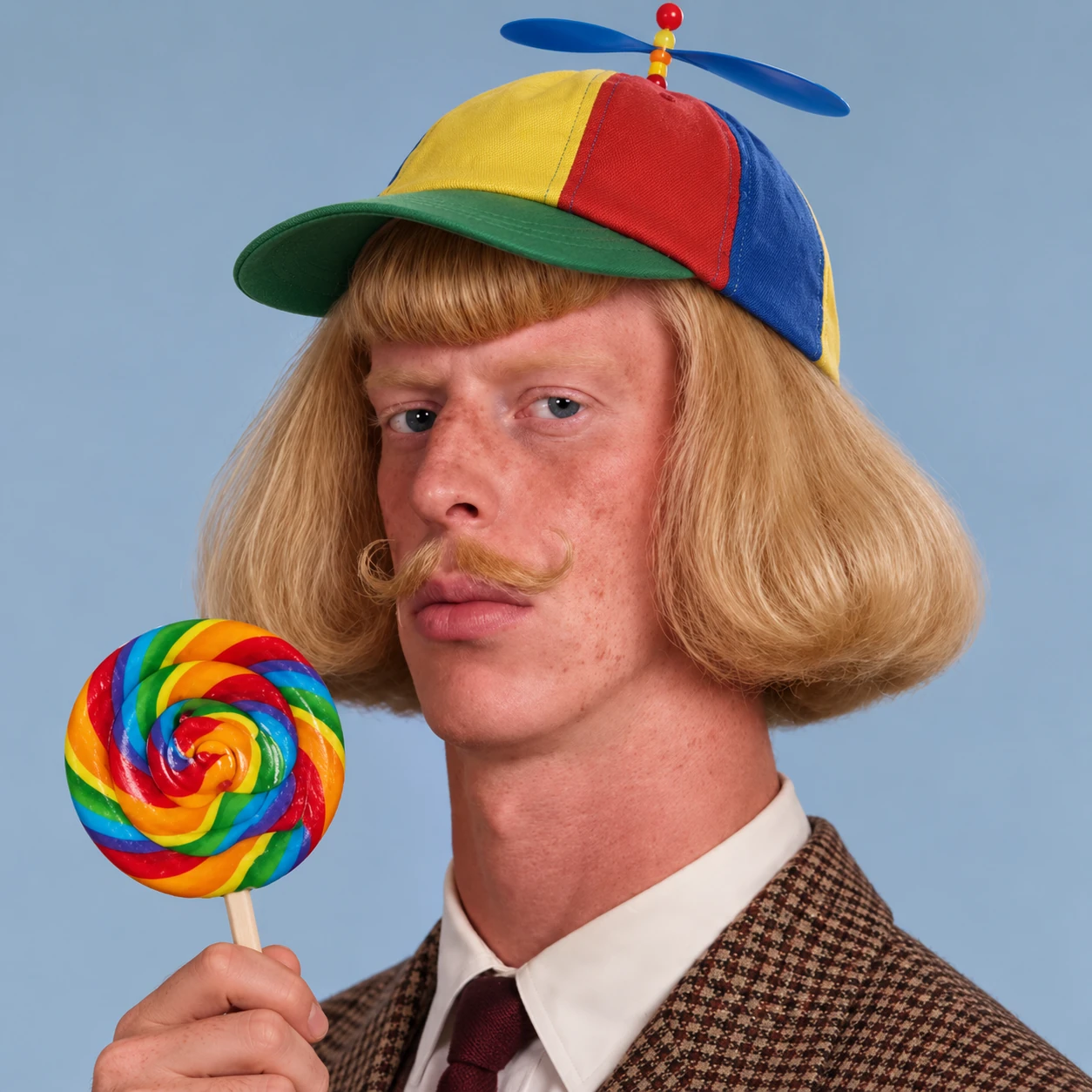 Jwean Phwil wearing a colorful propeller hat, holding a rainbow lollipop